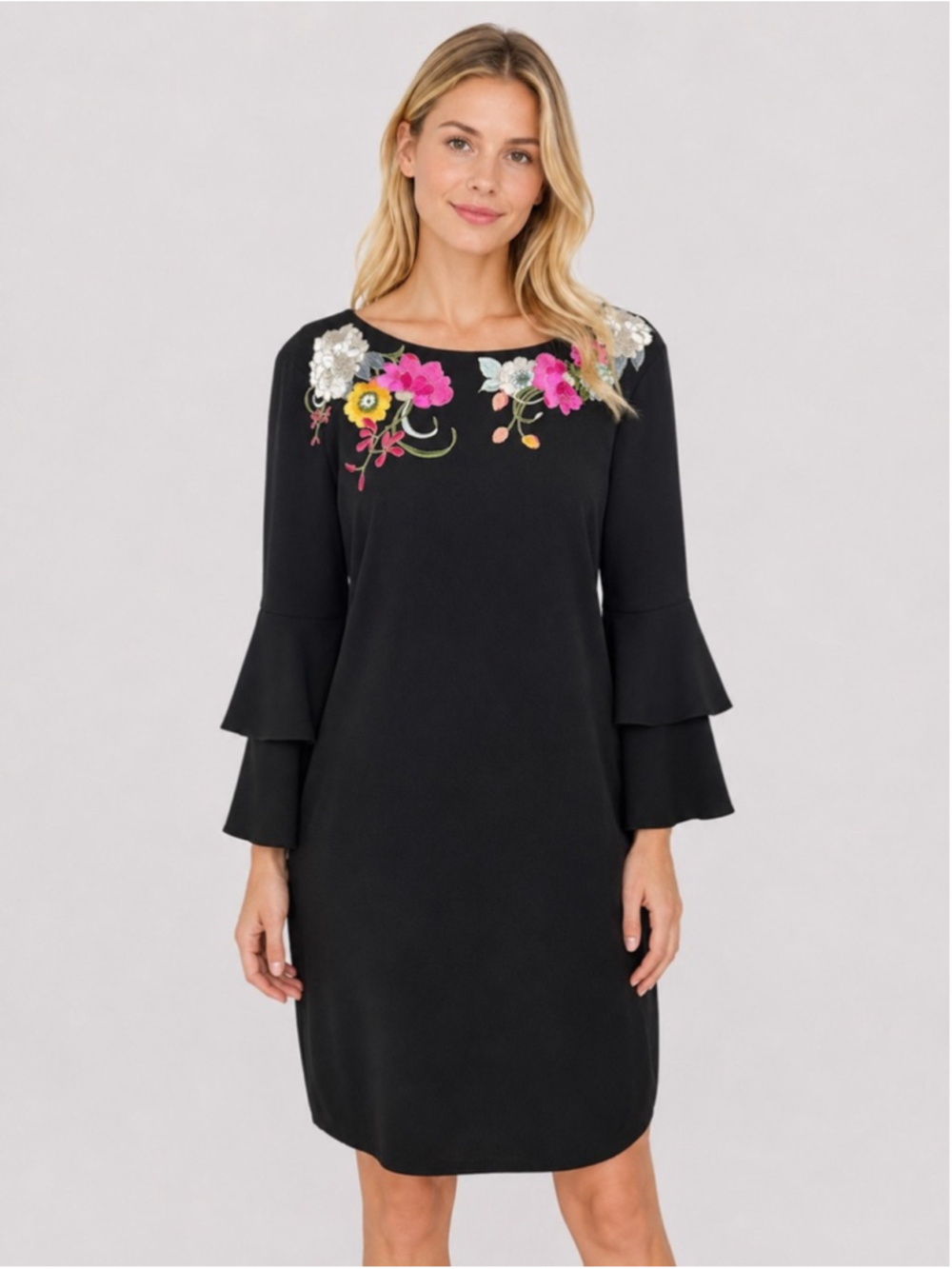 Trina Turk Leona Dress Black Floral Embroidered Shift Sheath Ruffle Sleeve Sz 10